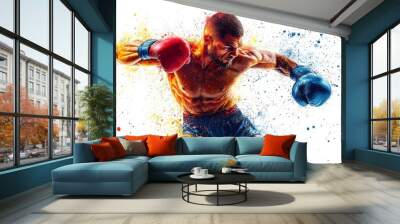 Boxer with boxing gloves and splashes of paint on a white background. Illustration of a boxer in action with colorful splash background. Portrait of an athletic male boxer with boxing gloves. Wall mural