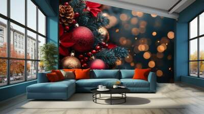 Christmas and New Year holidays background. Christmas tree with red and golden baubles and lights bokeh background. Space for text. Copy space. Greeting card. Wall mural