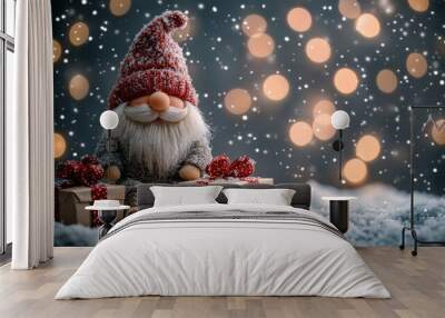 Christmas decoration with Santa Claus toy and gift box on bokeh background. Santa Claus on a small wooden sleigh with gifts. Christmas greeting card. Wall mural