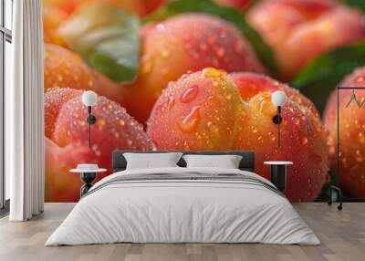 Close-up view of fresh, dew-covered peaches with vivid red and orange hues filling the frame. Wall mural