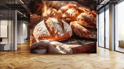 Composition with bread and bakery products on dark background. Bakery concept. Generative AI technology. Wall mural