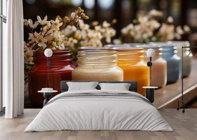 Cosmetic cream in glass jars with flowers on table, closeup. Jars of natural cosmetic cream with flowers on table, closeup Wall mural