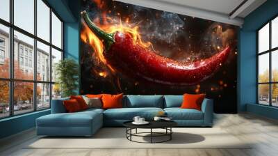 Delicious smoky red hot pepper isolated on dark background. Bright red hot chili pepper covered in water droplets with smoke curling around it and flames behind it. Flaming red hot pepper. Wall mural