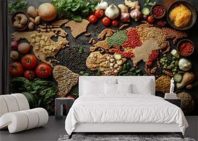 Diverse range of global cuisines. Top view of world map made of food ingredients and vegetables. Wall mural