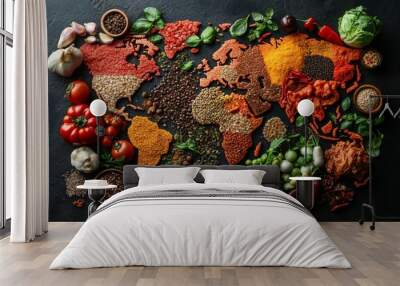 Diverse range of global cuisines. Top view of world map made of food ingredients and vegetables. Wall mural