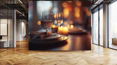 Elegant table setting with candles in restaurant. Selective focus. Romantic dinner setting with candles on table in restaurant.
 Wall mural