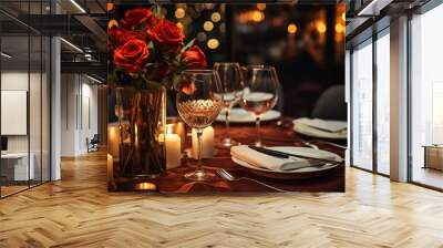 Elegant table setting with candles in restaurant. Selective focus. Romantic dinner setting with candles on table in restaurant. Wall mural