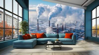 Environmental pollution. Greenhouse effect. Power plant with smoking chimneys. Industrial landscape. Global warming. Industrial landscape with smoking chimneys of power plant.  Wall mural