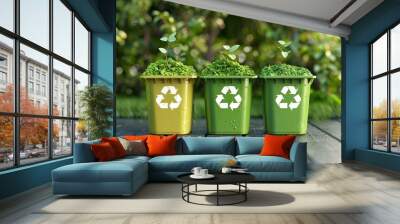 Growing greenery on trash cans. Clear ecoligy concept. Garbage recycling . Recycling concept. Wall mural