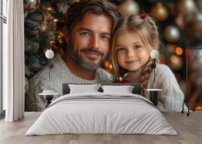 Portrait of a father and daughter decorating a Christmas tree. Christmas concept. Happy family decorating christmas tree Wall mural