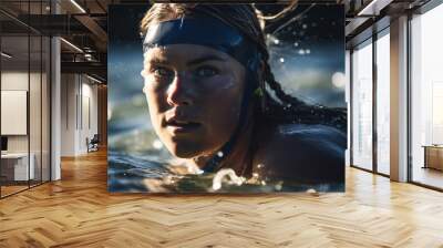 Portrait of a handsome young woman in a swimming pool. Woman swimmer in goggles and cap swimming in pool with splashes of water.
 Wall mural