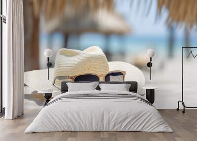 Sun glasses and straw hat on white sand near palm.
 Wall mural