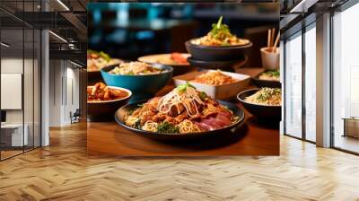 Thai food on the table. Lively noodle bar scene with different types of noodle. Asia food. Udon noodles with veal on the dark background.  Wall mural