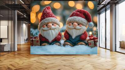 Two Santa Clauses on small wooden sleighs with gifts. Christmas greeting card with Santa Claus. Festive decoration. New Year. Selective focus. Cute funny gnomes, decorated for Christmas Wall mural