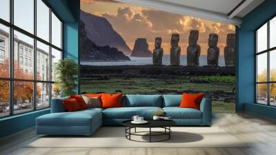 Moai statues in the Rano Raraku Volcano in Easter Island, Rapa Nui National Park, Chile Wall mural