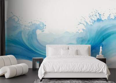 Blue ocean wave background. Blue and white water ocean background. Wavy line background. Hand drawn watercolour ocean background. Vector illustration. Wall mural