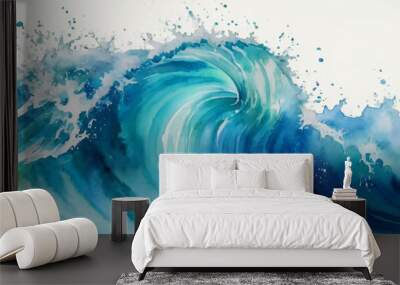 Vector watercolor ocean wave line blue and white background. Ocean sea art with natural template. Seamless soft blue ocean pattern wave water background. Wall mural