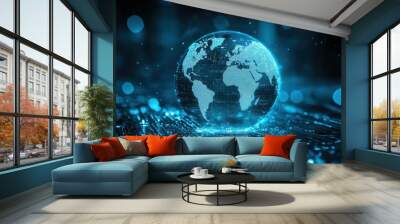 A blue globe with a computer chip on it. Concept of technology and the interconnectedness of the world Wall mural