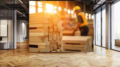 A man in a safety vest is working with wood in a factory. The wood is stacked in piles and the man is lifting a piece of wood. Scene is one of hard work and productivity Wall mural