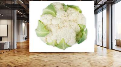 Ripe cauliflower with green leaves isolated on white background Wall mural