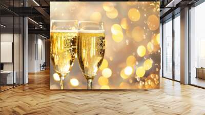 Two Champagne Flutes Filled with Sparkling Wine Against a Golden Bokeh Background Wall mural