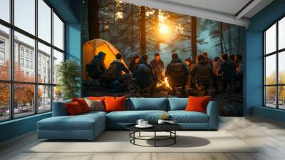 A group of people are sitting around a campfire in the woods. The atmosphere is warm and inviting Wall mural