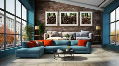 A living room with a couch, coffee table, and three framed pictures on the wall. The pictures are of wood logs, and the room has a rustic, cozy feel Wall mural