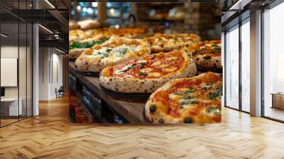 A row of pizzas with a variety of toppings, including spinach and cheese. The pizzas are displayed on a wooden counter, and there are several bottles and bowls nearby. Wall mural