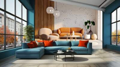 Beige lounge chair near orange loveseat sofa against wood and stone paneling wall. Mid-century style home interior design of modern living room. Created with generative AI Wall mural