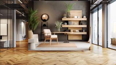 Beige wooden chair against window near dark stucco wall with shelving unit. Scandinavian style interior design of modern living room. Created with generative AI Wall mural