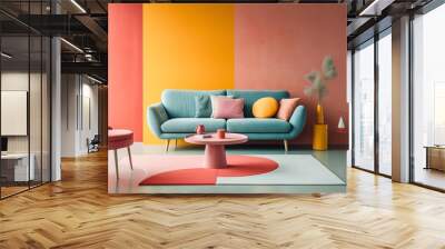 Blue sofa and round pink coffee table against multicolored stucco wall with copy space. Colorful, playful pop art style home interior design of modern living room. Wall mural