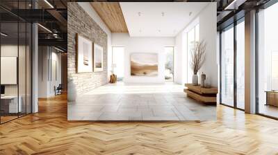 Coastal interior design of modern entrance hall with stone tiles wall and wooden rustic elements. Created with generative AI Wall mural