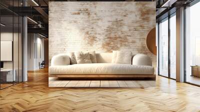 Comfortable sofa against grunge brick wall with copy space. Loft style interior design of modern living room. Created with generative AI Wall mural