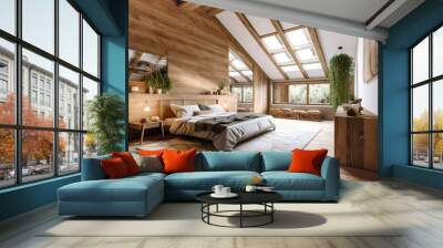 Cozy attic with wooden lining wall. Interior design of modern be Wall mural