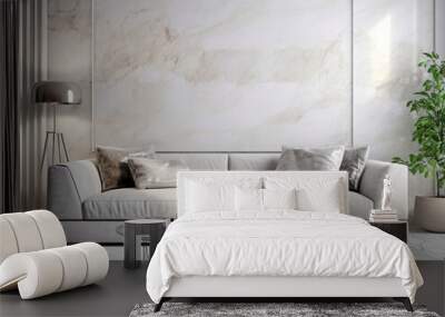 Cozy white sofa against marble stone wall. Interior design of modern living room. Created with generative AI Wall mural