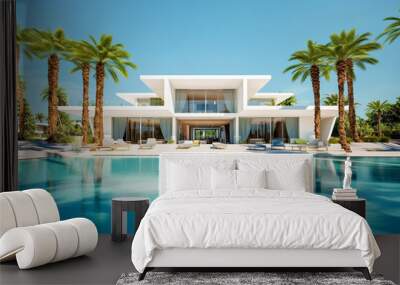 Exterior of amazing modern minimalist cubic villa with large swimming pool among palm trees. Created with generative Ai Wall mural