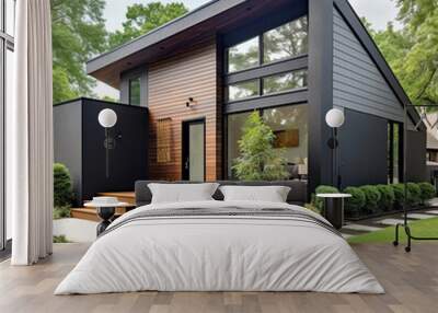 Exterior of modern minimalist private house, villa with mono pitch roof. Black walls decorated with timber wood cladding. Beautiful landscaping front yard. Wall mural