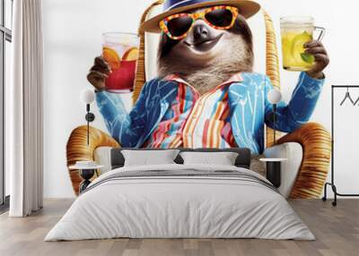 Happy and smiling sloth wearing summer hat and stylish sunglasses, holding glass with drink on beach chair isolated over white background. Summer holiday, vacation concept. Created with generative Ai Wall mural