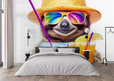 Happy and smiling sloth wearing summer hat and stylish sunglasses holding cocktail glass with delicious drink, isolated over white background. Created with generative Ai Wall mural