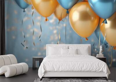 Holiday background with golden and blue metallic balloons, confetti and ribbons. Festive card for birthday party, anniversary, new year, christmas or other events. Created with generative Ai Wall mural