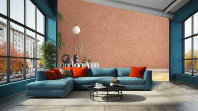 Interior background of living room with stucco wall. Vase with twig on decorative accent coffee table. Empty mock up wall and wooden flooring, pendant light. Modern home decor. 3d rendering Wall mural