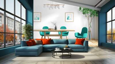 Interior design of modern dining room, wooden table and turquoise chairs 3d rendering Wall mural