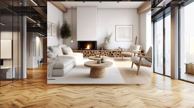 Interior design of scandinavian living room with fireplace and gray sofa. Created with generative AI Wall mural