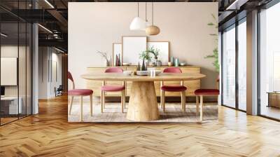 Interior of modern dining room, wooden table and red chairs against beige wall with sideboard, 3d rendering Wall mural