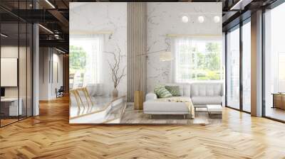 Interior of modern house, living room and dining room, kitchen panorama 3d rendering Wall mural