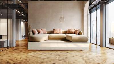 Loft home interior design of modern living room. beige sofa with terra cotta pillows against arched window near stucco wall with copy space. Wall mural