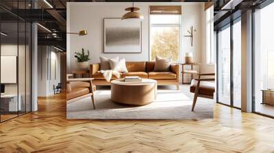 Mid-century style interior design of modern living room with terra cotta sofa and brown leather armchairs. Created with generative AI Wall mural