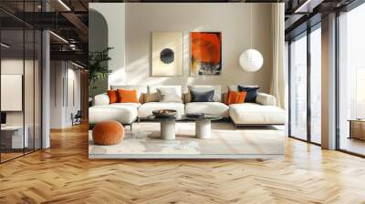 Minimalist interior design of modern living room with abstract art frame. Wall mural