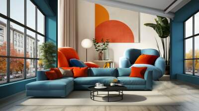 Minimalist interior design of modern living room with vibrant colorful multicolored armchairs. Wall mural