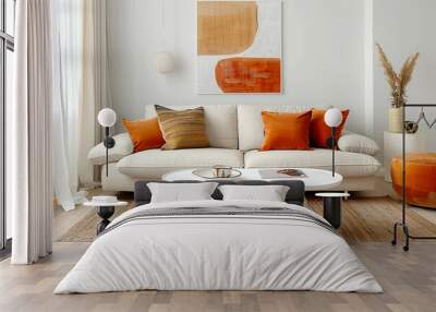 Minimalist interior design of modern living room. Beige fabric sofa with bright orange pillows. Wall mural